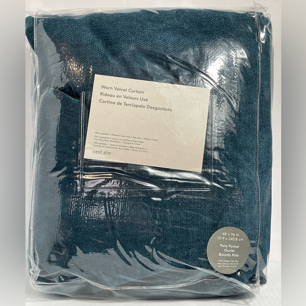 West Elm Worn Velvet Curtain Light Filtering Curtain in Regal Blue 48x96 - Picture 3 of 6